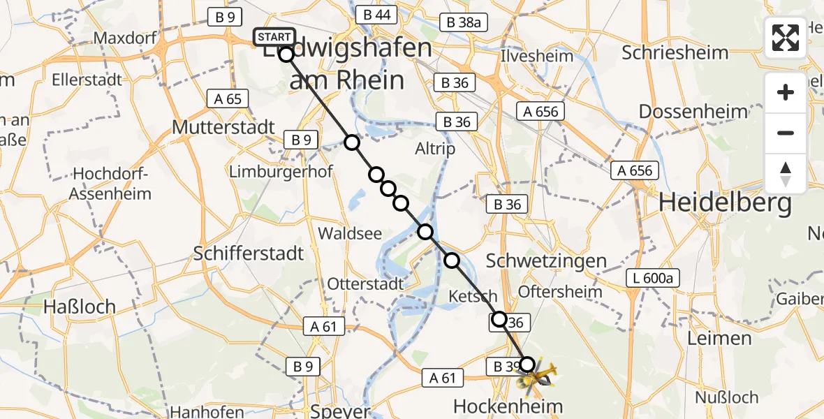 Flugroute Rettungshubschrauber Ludwigshafen Accident Hospital - Hockenheim, 08 September 2026, 15:07
