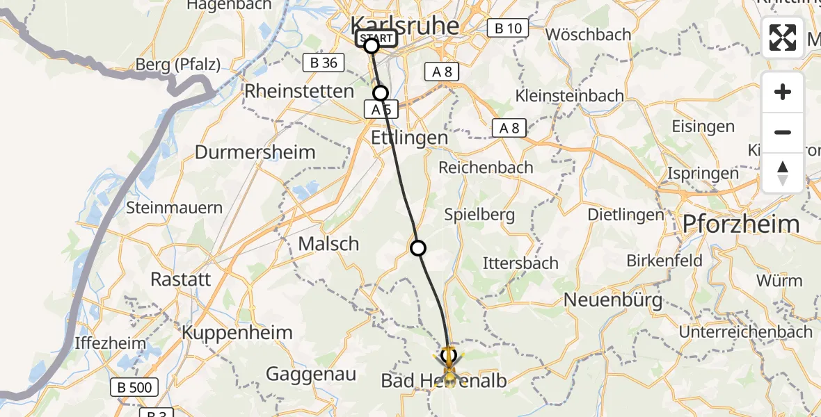 Flugroute Ambulanzhubschrauber Sankt Vincentius Hospital - Bad Herrenalb, 08 September 2026, 15:11