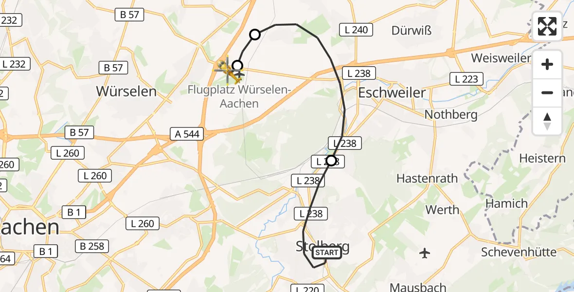 Flugroute Rettungshubschrauber Stolberg (Rhld.) - Aachen-Merzbrück Flughafen, 08 September 2026, 15:16