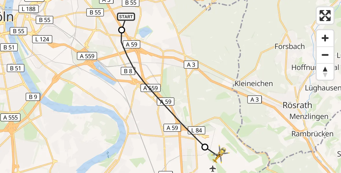 Flugroute Rettungshubschrauber Merheim Hospital - Köln Bonn Flughafen, 08 September 2026, 15:16