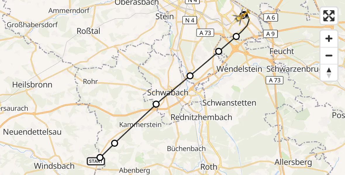 Flugroute Ambulanzhubschrauber Windsbach - Nürnberg South Hospital, 08 September 2026, 15:17