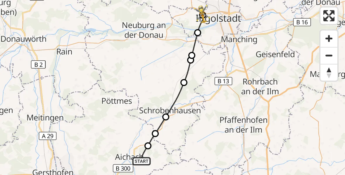 Flugroute Rettungshubschrauber Aichach - Ingolstadt Hospital, 08 September 2026, 15:26