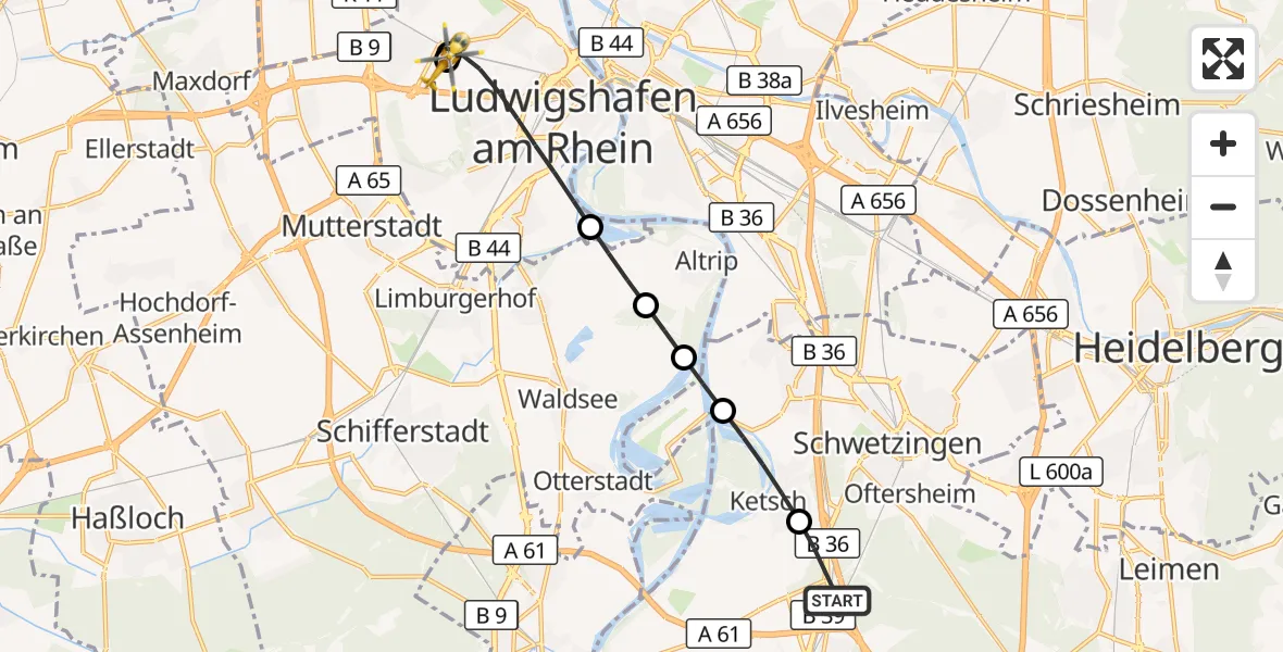 Flugroute Rettungshubschrauber Schwetzingen - Ludwigshafen Accident Hospital, 08 September 2026, 15:30
