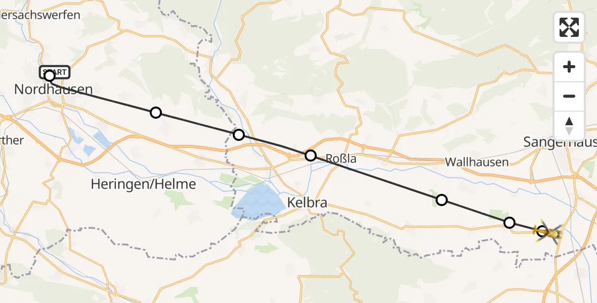 Flugroute Rettungshubschrauber Südharz Hospital Nordhausen - Edersleben, 08 September 2026, 15:35