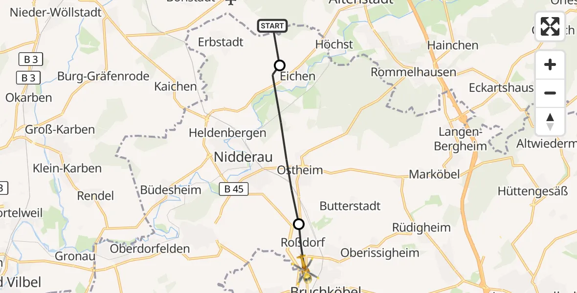 Flugroute Ambulanzhubschrauber Niddatal - Bruchköbel, 08 September 2026, 15:37