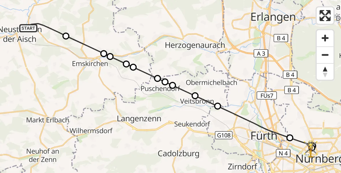Flugroute Rettungshubschrauber Diespeck - Nürnberg North Hospital, 08 September 2026, 15:43