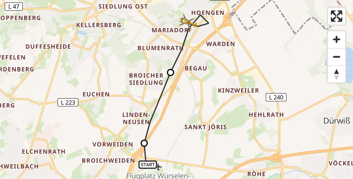 Flugroute Rettungshubschrauber Aachen-Merzbrück Flughafen - Alsdorf, 08 September 2026, 15:44