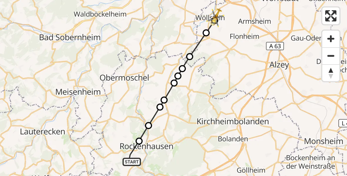 Flugroute Rettungshubschrauber Rockenhausen - Wöllstein, 08 September 2026, 15:45
