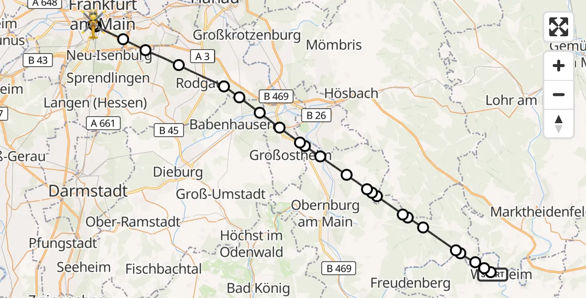 Flugroute Rettungshubschrauber Red Cross Hospital Wertheim - Frankfurt University Hospital, 08 September 2026, 15:48