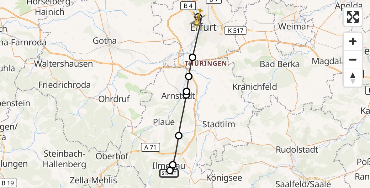 Flugroute Rettungshubschrauber Ilmenau - Helios Clinic Erfurt, 08 September 2026, 15:57