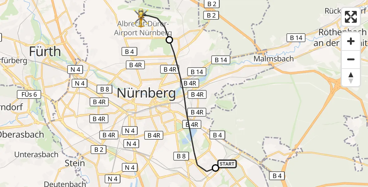 Flugroute Ambulanzhubschrauber Nürnberg South Hospital - Flughafen Nuremberg, 08 September 2026, 16:02