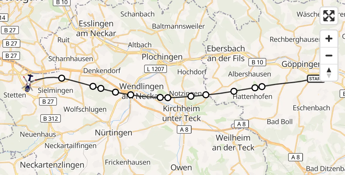 Flugroute Polizeihubschrauber Göppingen - Flughafen Stuttgart, 08 September 2026, 16:05