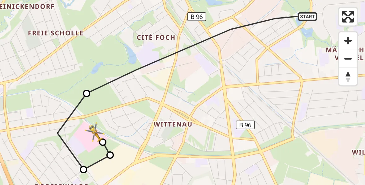 Flugroute Rettungshubschrauber Berlin - Vivantes Humboldt Clinic, 08 September 2026, 16:11