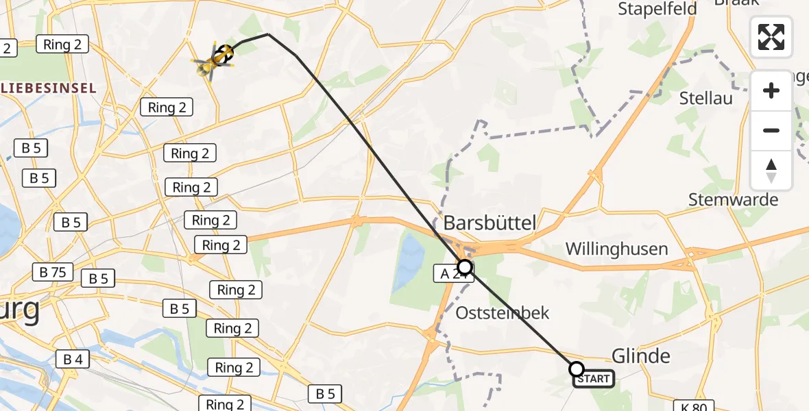 Flugroute Rettungshubschrauber Glinde - Hamburg Military Hospital, 08 September 2026, 16:17