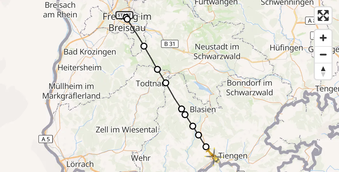 Flugroute Ambulanzhubschrauber Freiburg im Breisgau - Waldshut-Tiengen, 08 September 2026, 16:24