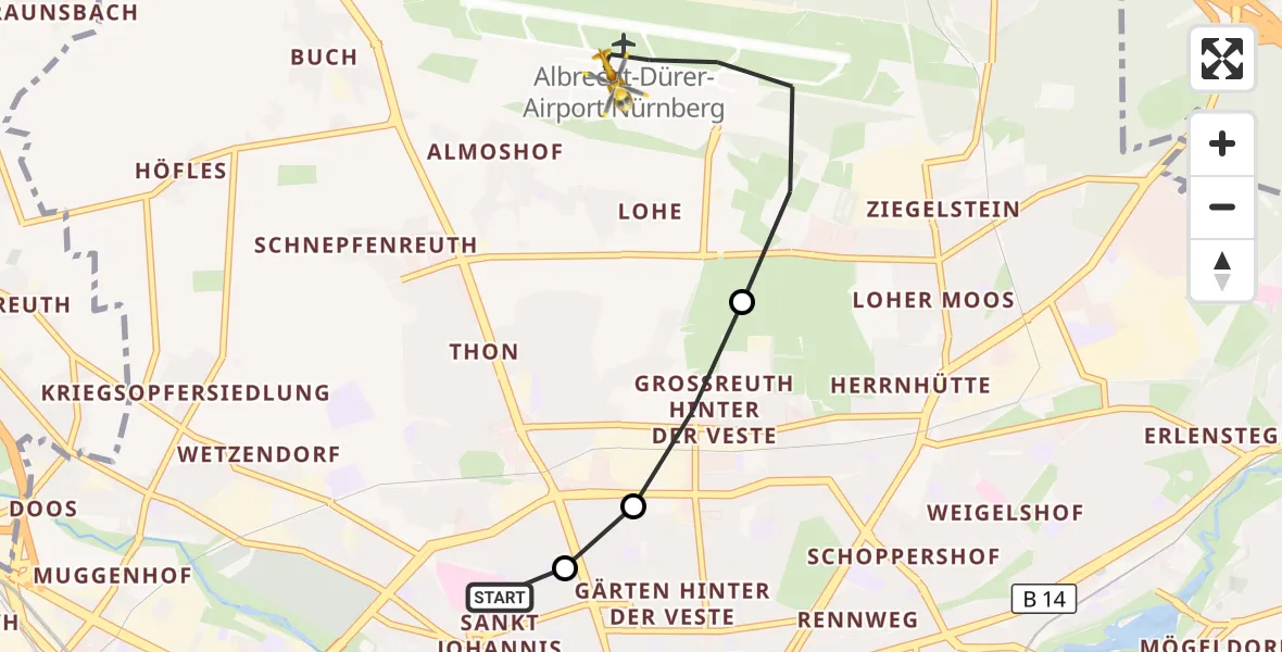 Flugroute Rettungshubschrauber Nürnberg North Hospital - Flughafen Nuremberg, 08 September 2026, 16:28