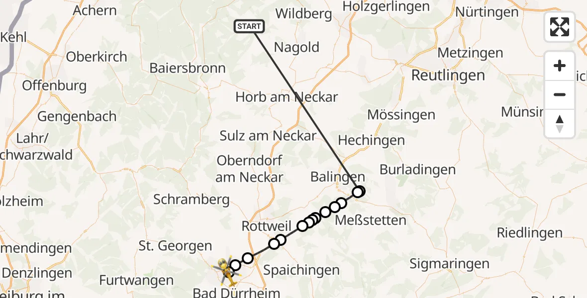 Flugroute Ambulanzhubschrauber Altensteig - DRF Air Rescue Station Villingen-Schwenningen Hubschrauberlandeplatz (Christoph 11), 08 September 2026, 16:32