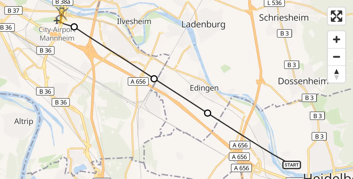 Flugroute Rettungshubschrauber Heidelberg - Mannheim-City Flughafen, 08 September 2026, 16:37