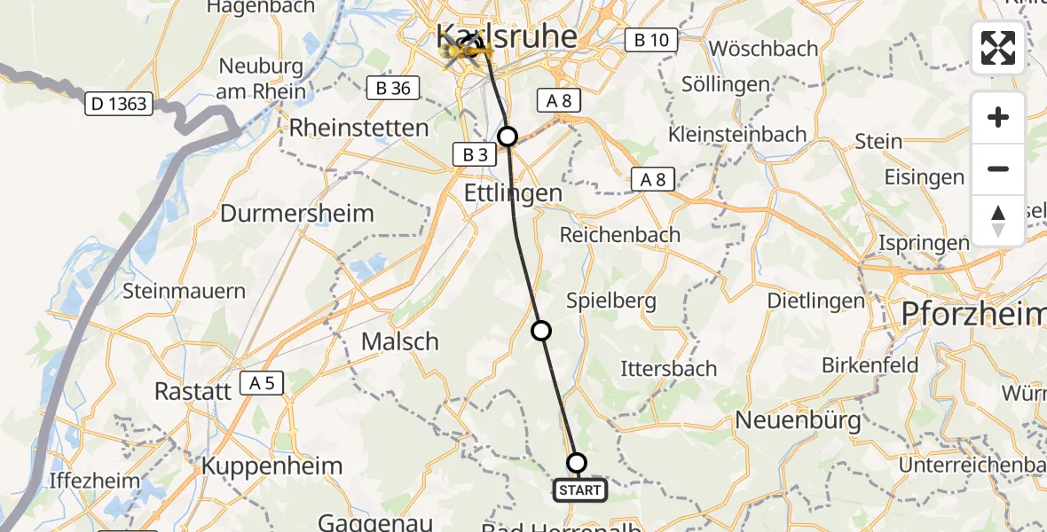 Flugroute Ambulanzhubschrauber Bad Herrenalb - Sankt Vincentius Hospital, 08 September 2026, 16:38