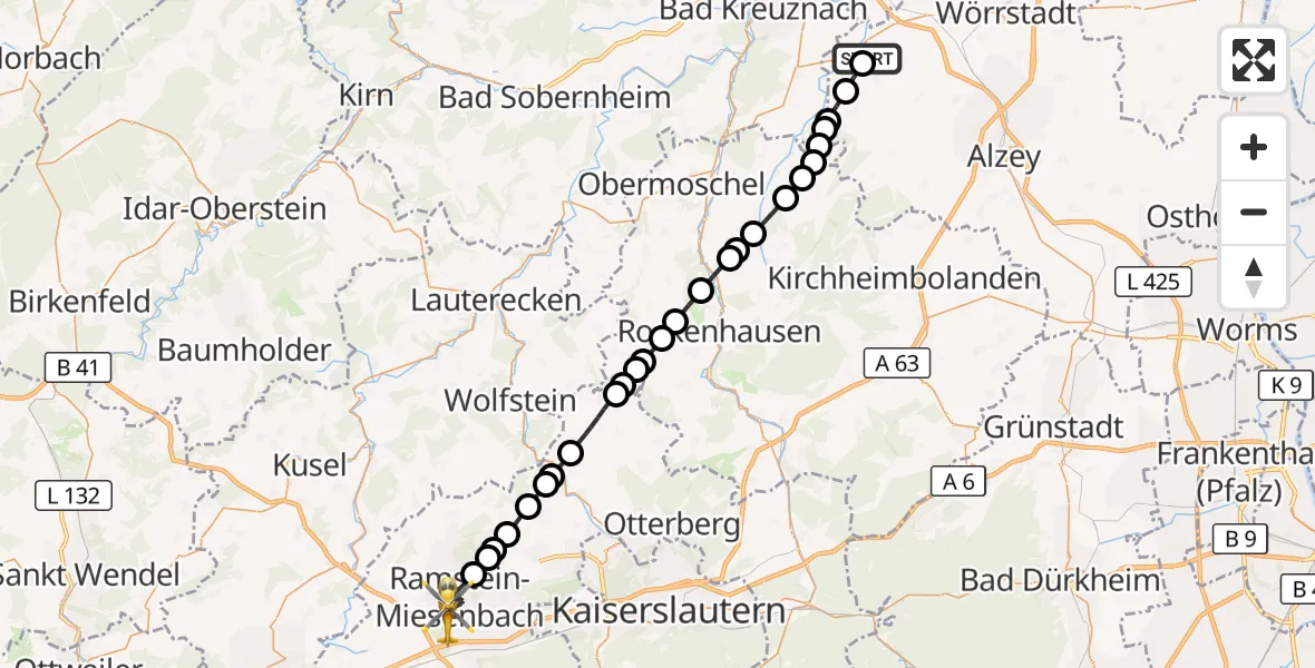 Flugroute Rettungshubschrauber Wöllstein - Ramstein-Miesenbach, 08 September 2026, 16:54