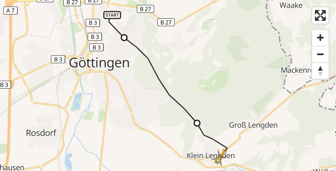 Flugroute Rettungshubschrauber Göttingen University Clinic Hubschrauberlandeplatz - Gleichen, 08 September 2026, 17:00