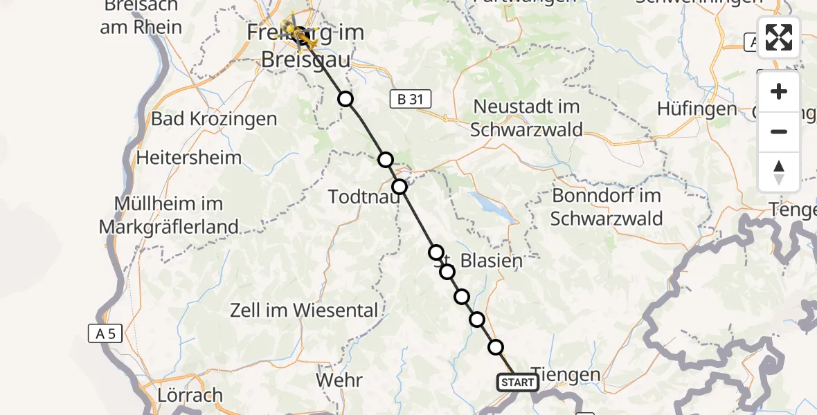 Flugroute Ambulanzhubschrauber Waldshut-Tiengen - Freiburg University Hospital Heliport 1, 08 September 2026, 17:02