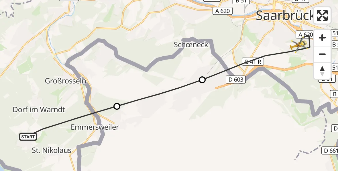 Flugroute Rettungshubschrauber Großrosseln - Saarbrücken, 08 September 2026, 17:14