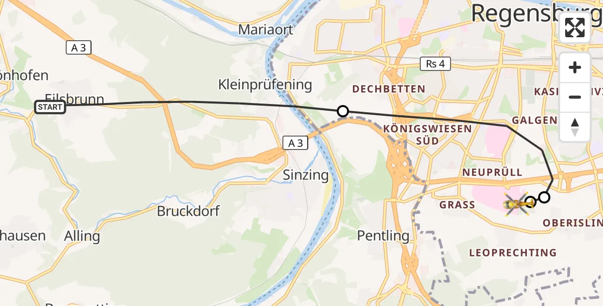 Flugroute Rettungshubschrauber Sinzing - DRF Air Rescue Station Regensburg / Regensburg University Hospital, 08 September 2026, 17:37