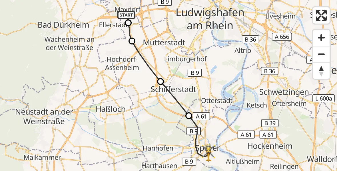 Flugroute Rettungshubschrauber Maxdorf - Speyer, 08 September 2026, 17:41
