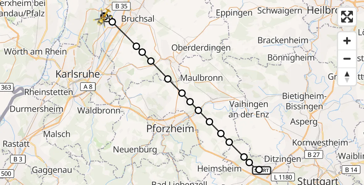 Flugroute Rettungshubschrauber Leonberg Hospital - Stutensee, 08 September 2026, 17:44