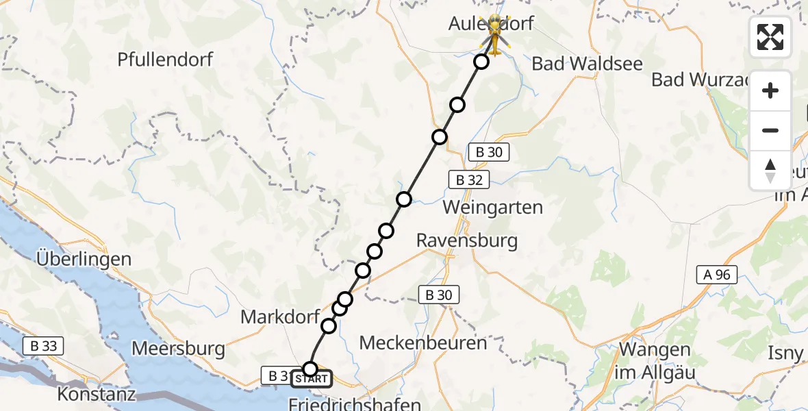Flugroute Rettungshubschrauber Friedrichshafen Hospital - Aulendorf, 08 September 2026, 17:45