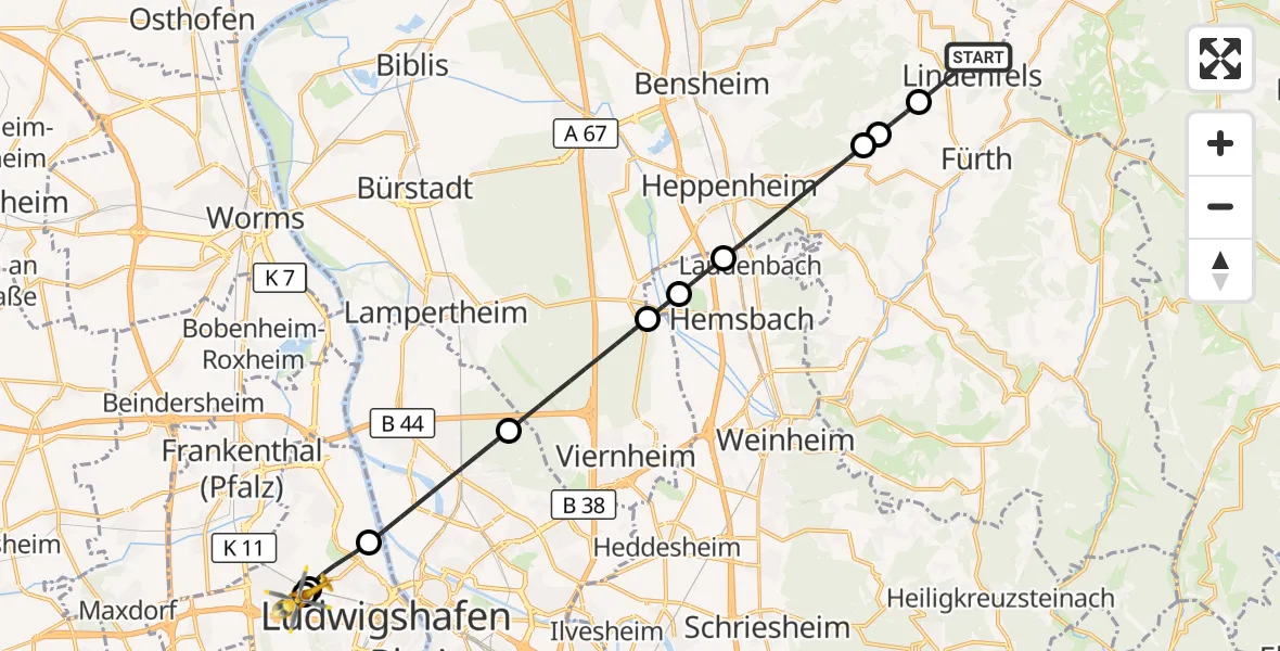 Flugroute Rettungshubschrauber Lindenfels - Ludwigshafen Accident Hospital, 08 September 2026, 18:11