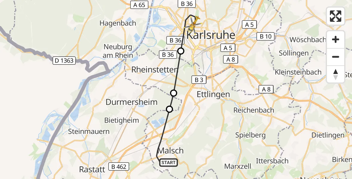 Flugroute Ambulanzhubschrauber Malsch - Karlsruhe, 08 September 2026, 18:14