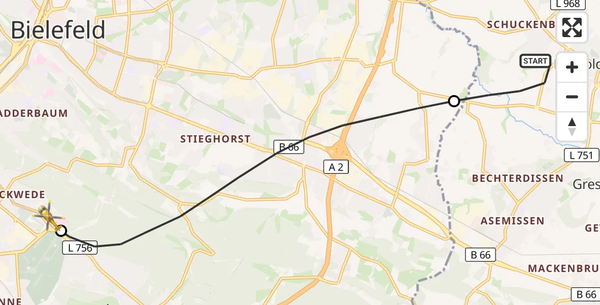 Flugroute Rettungshubschrauber Leopoldshöhe - Luftrettungszentrum Bielefeld, 08 September 2026, 18:17