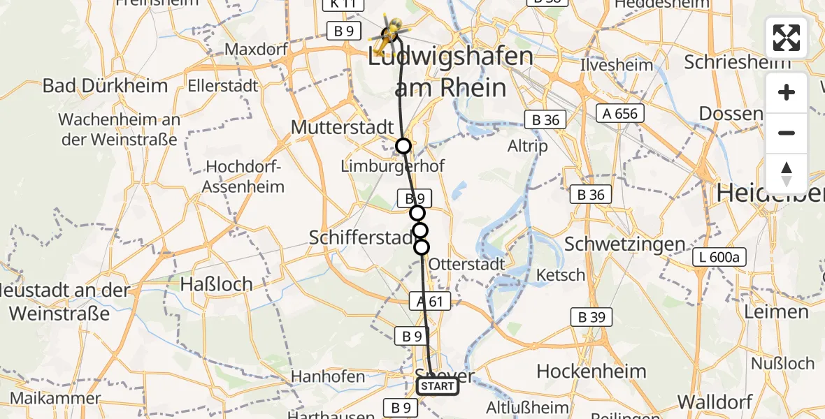 Flugroute Rettungshubschrauber Speyer - Ludwigshafen Accident Hospital, 08 September 2026, 18:33