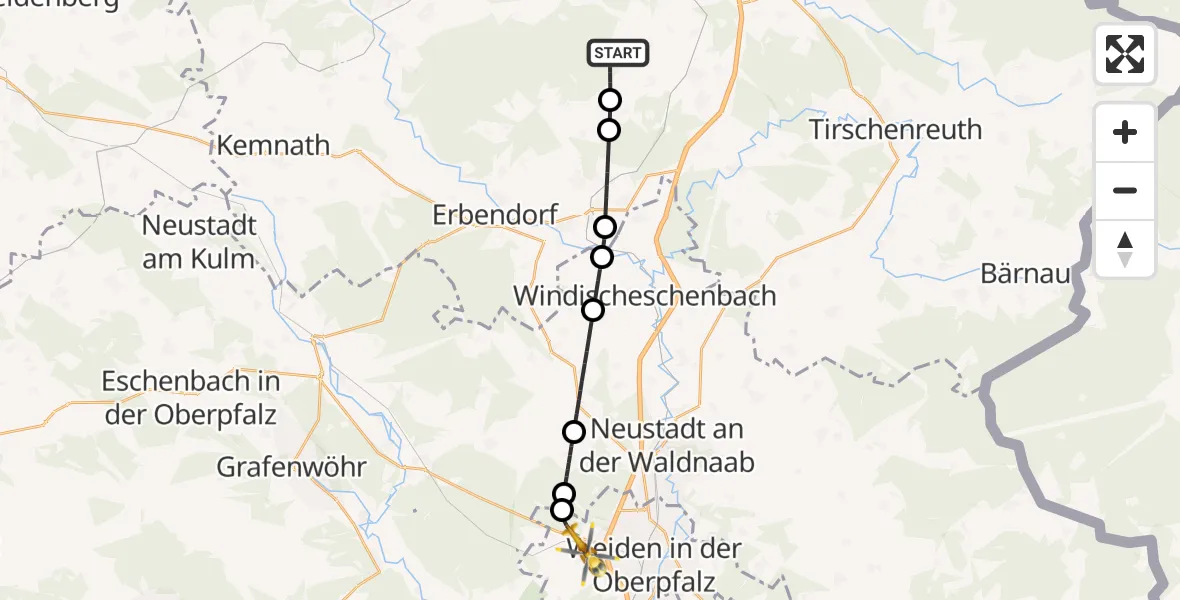 Flugroute Ambulanzhubschrauber Fuchsmühl - Weiden in der Oberpfalz Flugplatz, 08 September 2026, 18:40