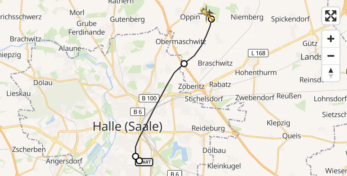 Flugroute Rettungshubschrauber BG Hospital Bergmannstrost Halle - Halle-Oppin Flugplatz, 08 September 2026, 18:40
