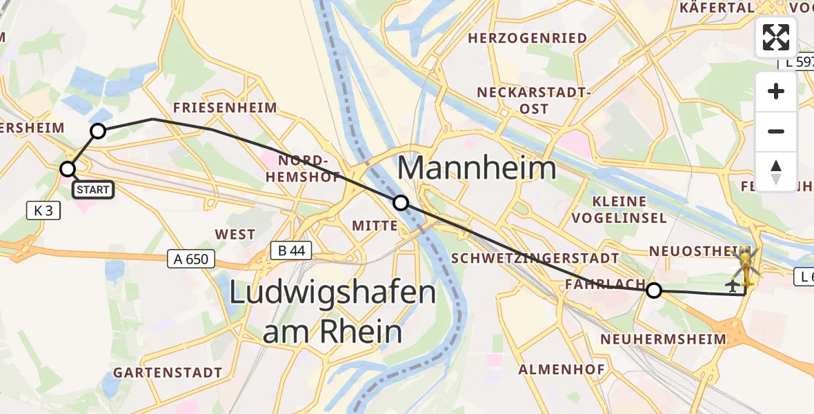 Flugroute Rettungshubschrauber Ludwigshafen Accident Hospital - Mannheim-City Flughafen, 08 September 2026, 18:52