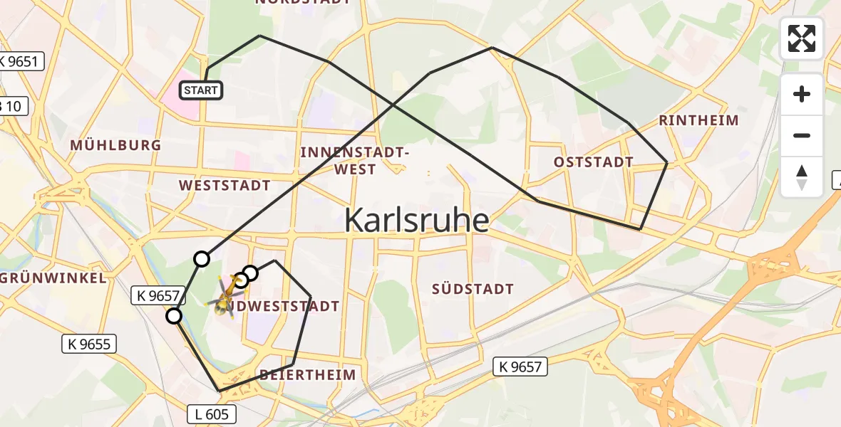 Flugroute Ambulanzhubschrauber Karlsruhe - Sankt Vincentius Hospital, 08 September 2026, 19:03