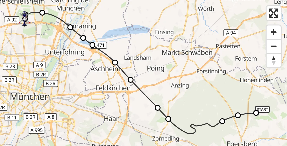 Flugroute Polizeihubschrauber Steinhöring - Oberschleißheim, 08 September 2026, 19:27