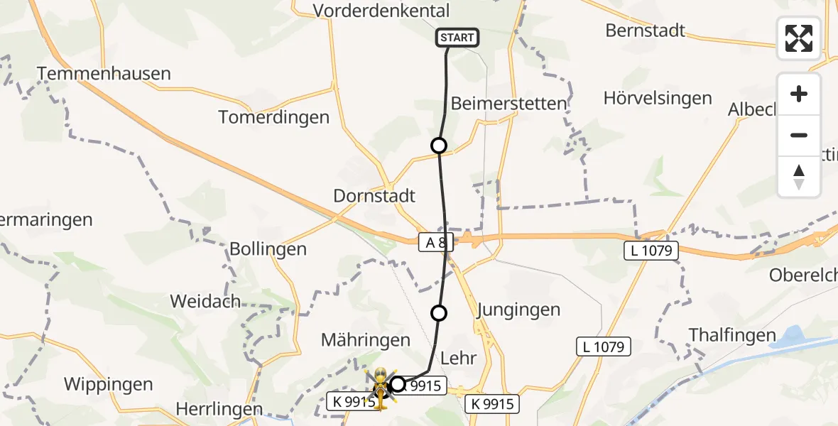 Flugroute Rettungshubschrauber Beimerstetten - ADAC Air Rescue Station Ulm (Christoph 22), 08 September 2026, 19:37