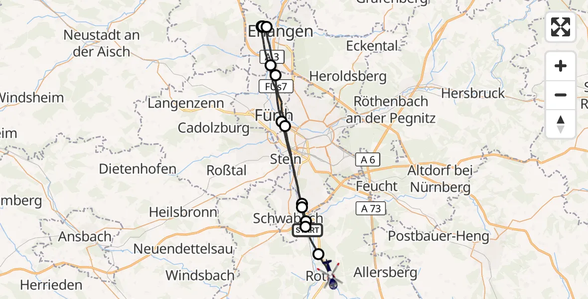Flugroute Polizeihubschrauber Rednitzhembach - Roth, 08 September 2026, 20:03