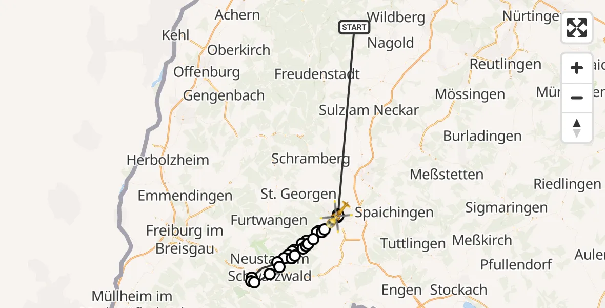 Flugroute Ambulanzhubschrauber Altensteig - DRF Air Rescue Station Villingen-Schwenningen Hubschrauberlandeplatz (Christoph 11), 09 September 2026, 02:42