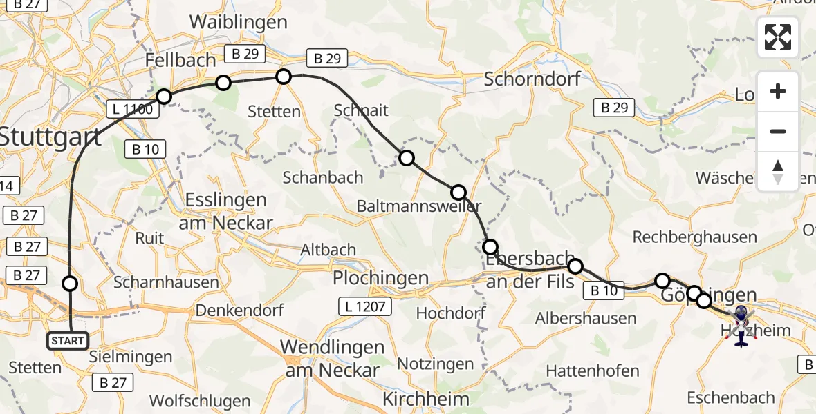 Flugroute Polizeihubschrauber Flughafen Stuttgart - Göppingen, 09 September 2026, 04:59