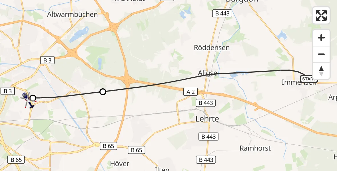 Flugroute Polizeihubschrauber Lehrte - Hannover Luftrettung Hubschrauberlandeplatz (Christoph 4), 09 September 2026, 05:36