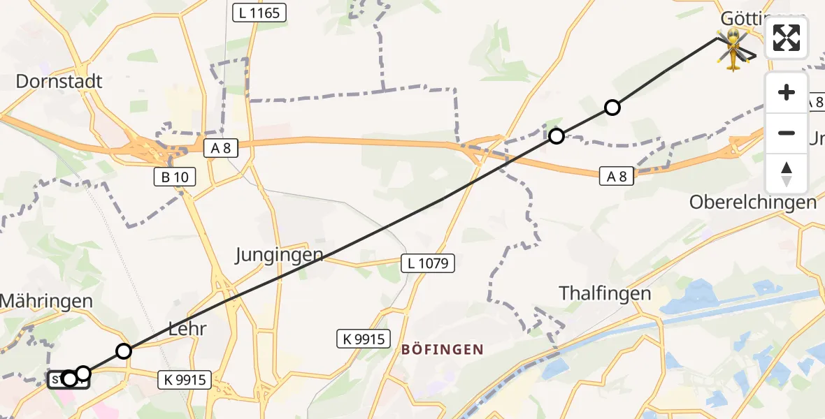 Flugroute Rettungshubschrauber Ulm Military Hospital Emergency - Langenau, 09 September 2026, 05:50