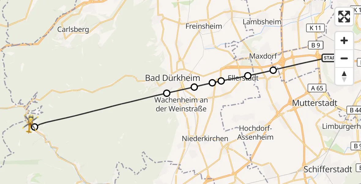 Flugroute Rettungshubschrauber Ludwigshafen am Rhein - Weidenthal, 09 September 2026, 06:21