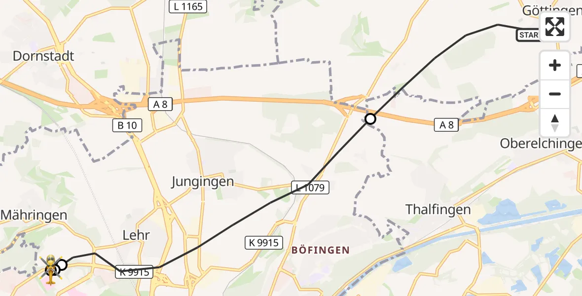 Flugroute Rettungshubschrauber Langenau - ADAC Air Rescue Station Ulm (Christoph 22), 09 September 2026, 06:26