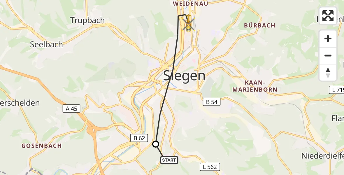 Flugroute Rettungshubschrauber Evangelisches Jung-Stilling Hospital - Siegen, 09 September 2026, 06:35