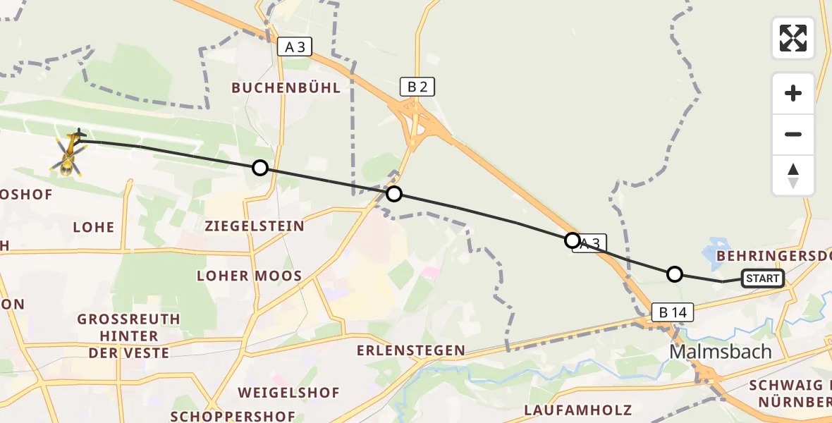 Flugroute Ambulanzhubschrauber Schwaig b.Nürnberg - Flughafen Nuremberg, 09 September 2026, 07:07